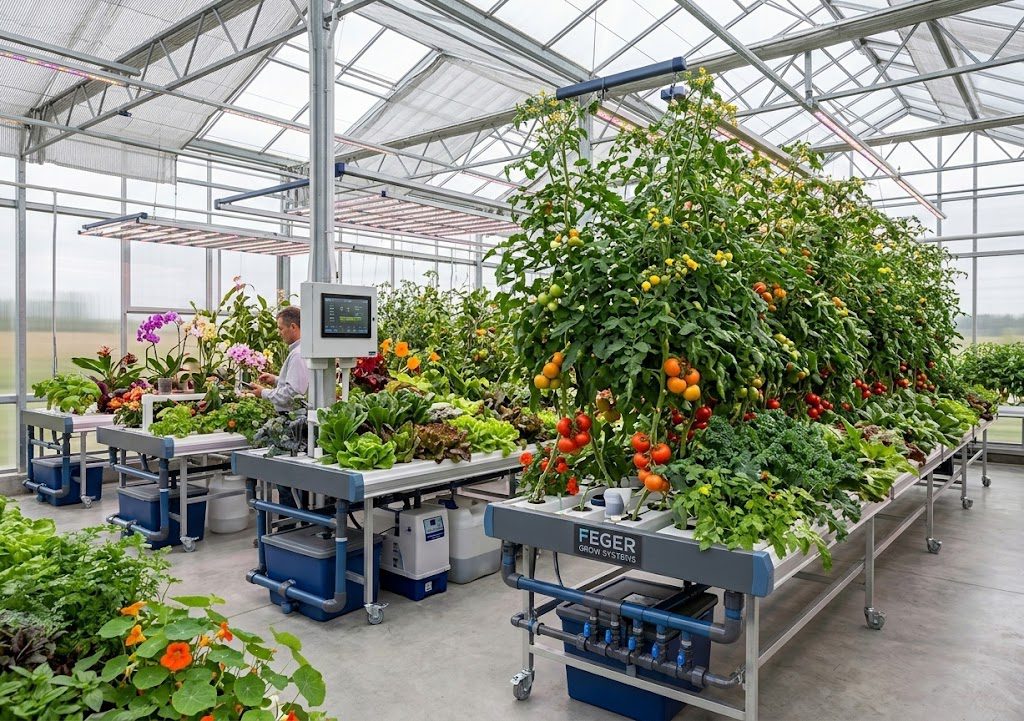 A greenhouse with tomato plants and automated growing systems.