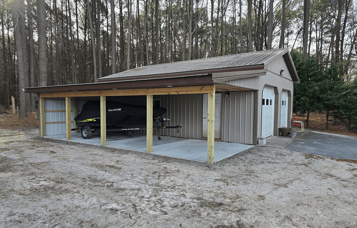 Outdoor garage beside wooded area